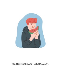 Young man eating watermelon, vector illustration isolated on white background. Happy guy bites off a slice of sweet summer fruit. Healthy eating, diet and good habits. Drawing in cartoon flat style.