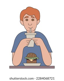 Young man eats fast food. Cheerful character cartoon style. Vector color illustration.
