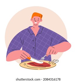 Young man eats meat with fork and knife. Vector illustration in flat style.