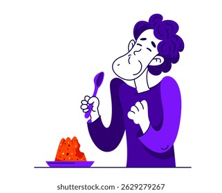 Young man eats tasty sweet dessert, vector illustration of a guy enjoys the jelly.