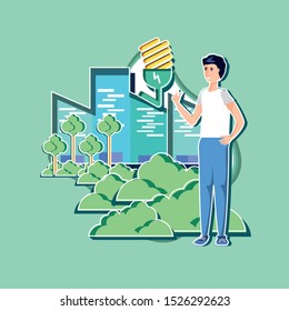 young man with eco friendly scene vector illustration design