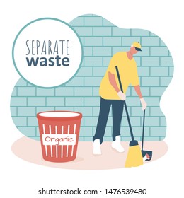 Young man with ecology clean up garbage in the bin on the street. Vector Illustration recycle waste concept in flat style. Save the environment. Management rubbish in the dustbin