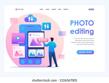 Young man is editing his photos on a smartphone. Concept of content for social networks. Flat 2D character. Landing page concepts and web design
