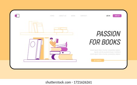 Young Man Education, Gaining Knowledge Landing Page Template. Tiny Male Student Character Sitting on Bookshelf with Huge Books Learning Homework or Prepare to Exams. Linear Vector Illustration