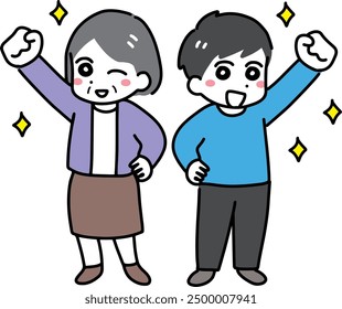 A young man and an elderly woman raise their fists with a smile
