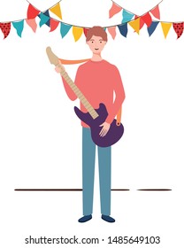 young man with electric guitar on white background