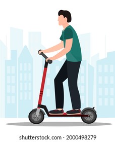 A young man at the electric scooter riding at the city,  electric transport concept, flat vector illustration