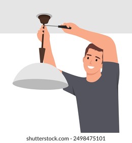 Hombre joven Electricista montando la lámpara de techo instalando los cables. Ilustración vectorial plana aislada sobre fondo blanco