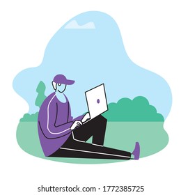 young man with an electronic device in the park vector illustration design