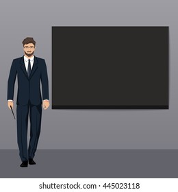 The young man in an elegant suit points to an empty board. Vector.