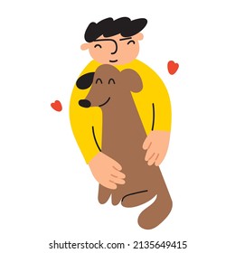 Young man embrace his dog. Flat vector illustration on white background.
