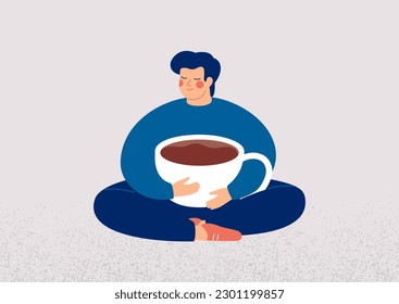 Young man embraces a big cup of coffee with enjoyment. Smiling guy sits in lotus pose with closed eyes and holds mug of cacao. Body positive and healthy eating habits concept. Vector illustration