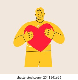 El joven abraza un gran corazón rojo. Concepto de salud corporal positivo y mental. Ilustración vectorial colorida
