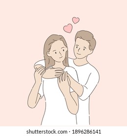 The young man embraces the girl from behind and gives him love. Valentine's day concept. Hand draw style. Vector illustration.