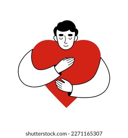 Young man embraces a heart with love. Self love, care, selfhelp concept. Linear vector illustration