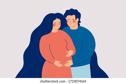 Young man embraces his smiling pregnant woman. The husband supports his wife expecting a baby. Family concept. Vector illustration