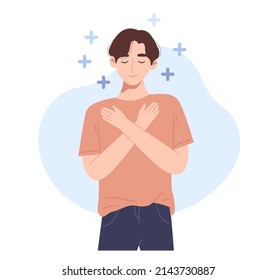 Young man embracing him self with positive symbols. Concept of self-love, encouragement, support, confident, mental well-being, healthy, self-hugging, calm. Flat vector illustration character.