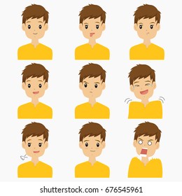 young man emojis character vector set, with different facial expressions