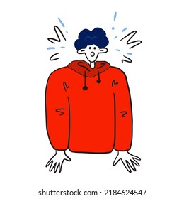 Young man emotional shocked. Surprised male character scared. Simple vector illustration. Hand drawn stunned adult teenage with open mouth. Cartoon doodle style