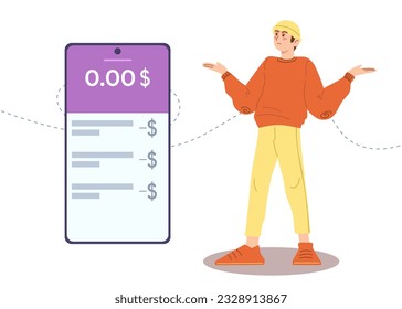Young man with empty bank account. Mobile banking. App for bank. Finance problems. Vector illustration in cartoon style.