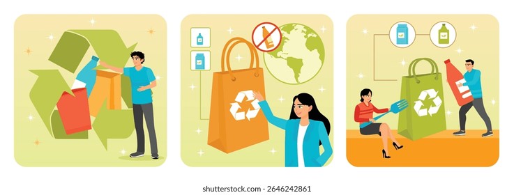 A young man encouraging recycling. Woman supporting zero waste and recycling practices. Collecting recycling to raise environmental awareness. Environmentally friendly products concept.