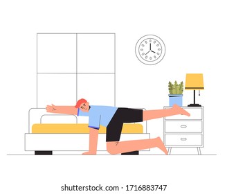 A young man is engaged in fitness in a cozy living room, modern interior. Concept home fitness and healthy lifestyle. Vector illustration in flat style. Man doing workout, morning exercise at home.