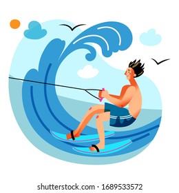 Young man engaged in water skiing in sea or ocean wave. Water sport activity on ski or wakeboard. Extreme summer recreation and rest. Active leisure and healthy lifestyle. Vector illustration