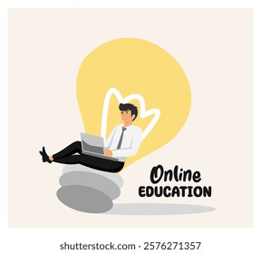 A young man engaging in online study while seated, representing technology and education innovation. Flat vector modern illustration 