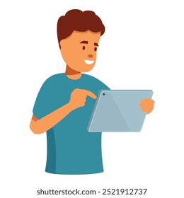 Young man is engrossed in browsing on a tablet, his finger navigating the screen as he enjoys modern technology and entertainment - Powered by Shutterstock - Get 15% off with code: PIKWIZARD15
