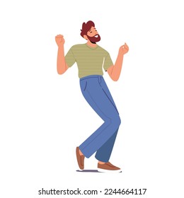 Joven disfruta de baile divertido y emociones positivas aisladas de fondo blanco. Alegre baile de personajes masculinos emocionados, moviendo el cuerpo por ritmos musicales. Ilustración de vectores de personas de caricatura