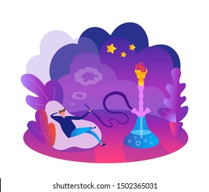 Young man enjoy smoke a hookah relax sitting on a pillow. Flat cartoon illustration vector style.