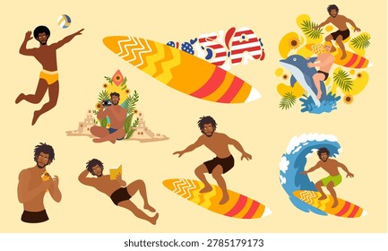 young man enjoying active summer beach holiday bundle set