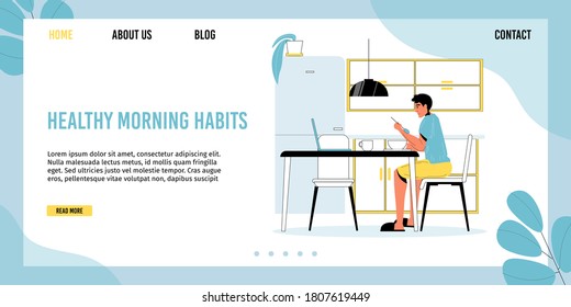 Young man enjoying breakfast eating sitting at home kitchen front of laptop computer watching video browsing or working online. Daily life. Healthy morning habit landing page design template