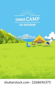 Young man enjoying camp in summer nature - Vertical, Included words