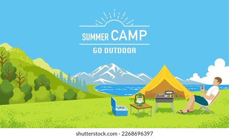 Young man enjoying camp in summer nature - Included words