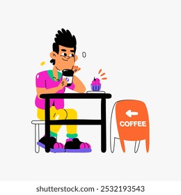 Jovem Desfrutando De Café Em Mesa De Café Com Cupcake Em Ilustração De Vetor Plano Simbolizando Lazer, Relaxamento E Cafés, Isolados Em Fundo Branco