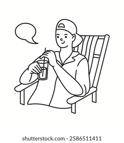 A young man enjoying a cold drink on a beach chair, talking with a speech bubble, expressing relaxation and summer fun in a black and white doodle-style illustration.