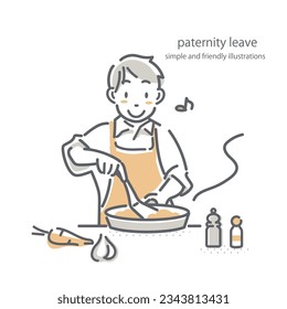 young man enjoying cooking, outline illustration