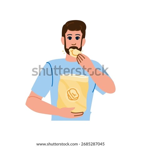 Young man enjoying crispy potato chips, holding a bag of snacks and satisfying his craving for savory treats, depicting unhealthy eating habits and the pleasure of indulging in junk food