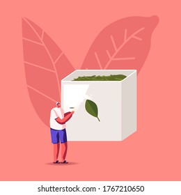 Young Man Enjoying Cup of Tea Stand at Ceramics Box with Dry Brew Leaves . Male Character Relaxing with Mug in Hands Drinking Hot Beverage. Leisure, Tea Ceremony Resting. Cartoon Vector Illustration