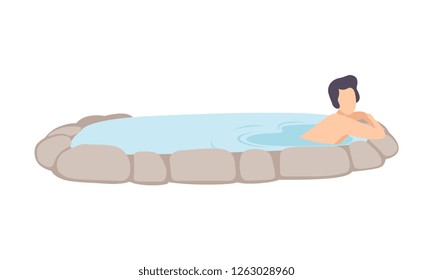 Young man enjoying hot outdoor thermal spring, spa procedure vector Illustration on a white background