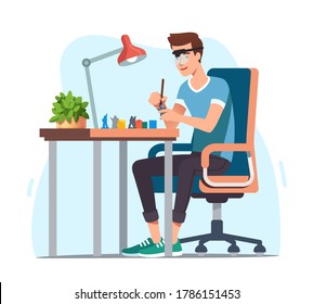 Young man enjoying miniature military figure model painting hobby. Hobbyist sitting at desk with lamp in magnifying glasses painting with brush carefully. Favorite pastime. Flat vector illustration