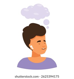 Young man enjoying music in earphones with closed eyes and dreaming, thought bubble above his head