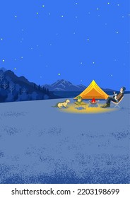 Young man enjoying night camp in autumn with his dog - Vertical