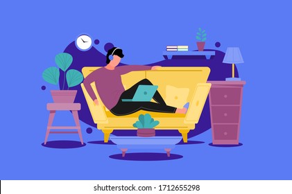 Young man enjoying on laptop at home. People at home in quarantine. Vector flat style illustration
