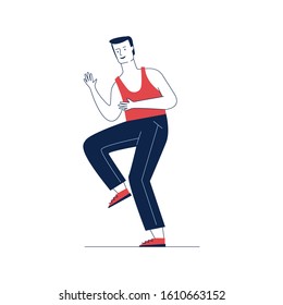 Young man enjoying party. Dancing cartoon male character in casual flat vector illustration. Celebration, leisure, motion concept for banner, website design or landing web page
