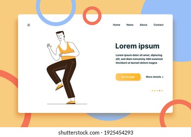 Young man enjoying party. Dancing cartoon male character in casual flat vector illustration. Celebration, leisure, motion concept for banner, website design or landing web page