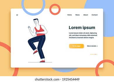 Joven disfrutando de la fiesta. Caricatura bailarina de personaje masculino en ilustración vectorial plana casual. Celebración, ocio, concepto de movimiento para banner, diseño de sitio web o página web de aterrizaje