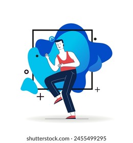 Young man enjoying party. Dancing cartoon male character in casual flat vector illustration. Celebration, leisure, motion concept for banner, website design or landing web page