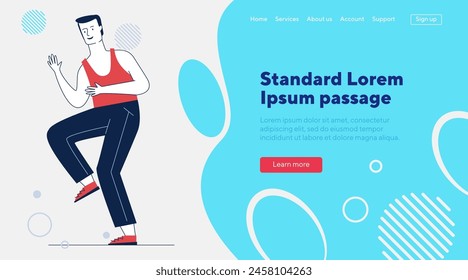 Young man enjoying party. Dancing cartoon male character in casual flat vector illustration. Celebration, leisure, motion concept for banner, website design or landing web page